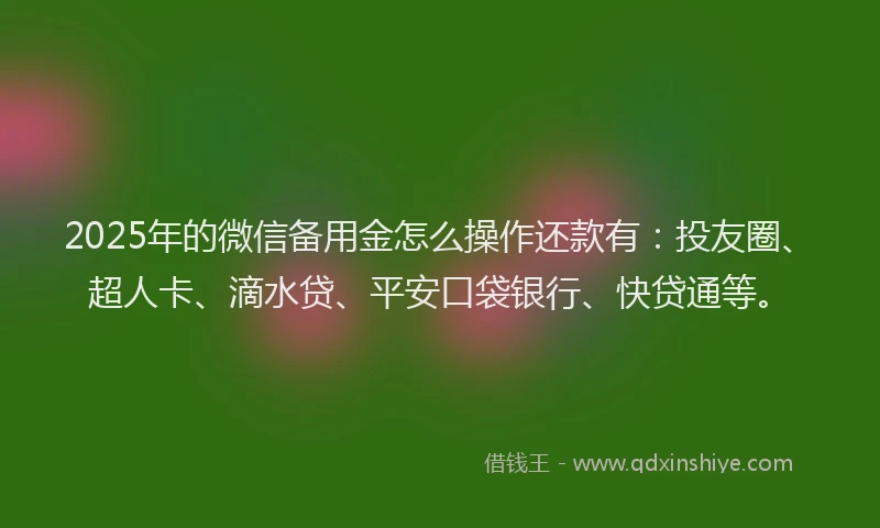 2025年的微信备用金怎么操作还款有：投友圈、超人卡、滴水贷、平安口袋银行、快贷通等。