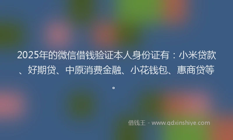 2025年的微信借钱验证本人身份证有：小米贷款、好期贷、中原消费金融、小花钱包、惠商贷等。