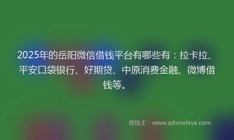 2025年的岳阳微信借钱平台有哪些有：拉卡拉、平安口袋银行、好期贷、中原消费金融、微博借钱等。