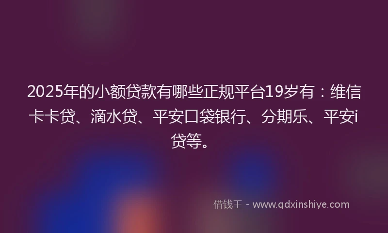 2025年的小额贷款有哪些正规平台19岁有：维信卡卡贷、滴水贷、平安口袋银行、分期乐、平安i贷等。