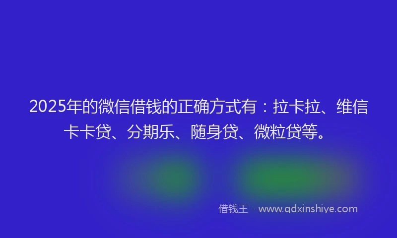 2025年的微信借钱的正确方式有：拉卡拉、维信卡卡贷、分期乐、随身贷、微粒贷等。