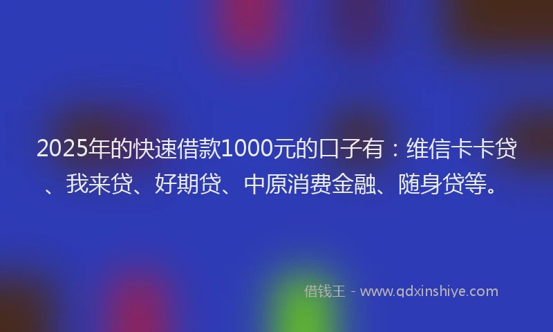 2025年的快速借款1000元的口子有：维信卡卡贷、我来贷、好期贷、中原消费金融、随身贷等。