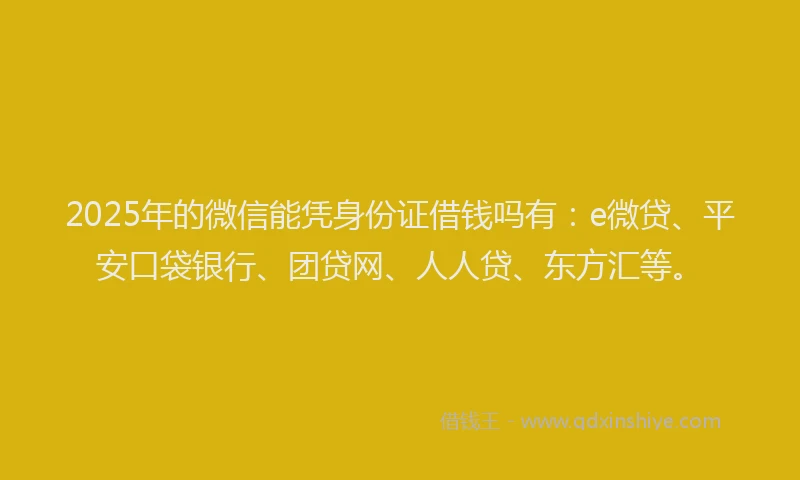 2025年的微信能凭身份证借钱吗有：e微贷、平安口袋银行、团贷网、人人贷、东方汇等。