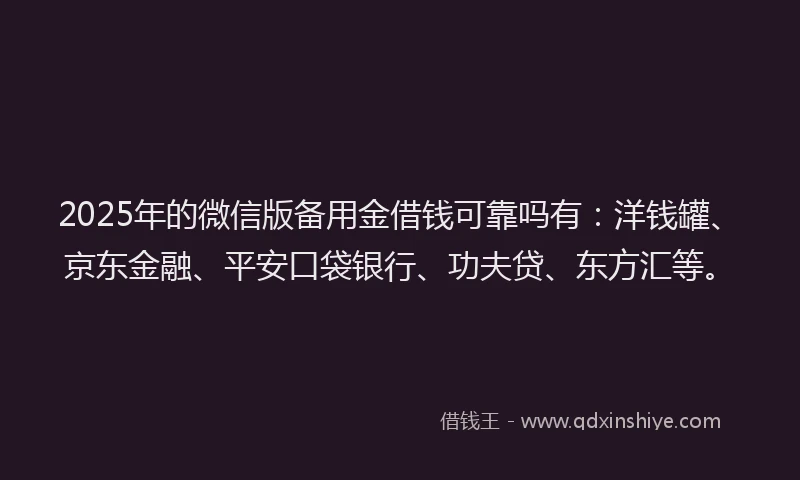 2025年的微信版备用金借钱可靠吗有：洋钱罐、京东金融、平安口袋银行、功夫贷、东方汇等。