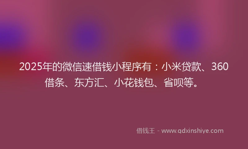 2025年的微信速借钱小程序有：小米贷款、360借条、东方汇、小花钱包、省呗等。