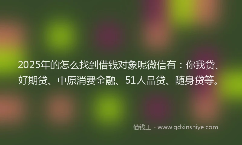2025年的怎么找到借钱对象呢微信有：你我贷、好期贷、中原消费金融、51人品贷、随身贷等。