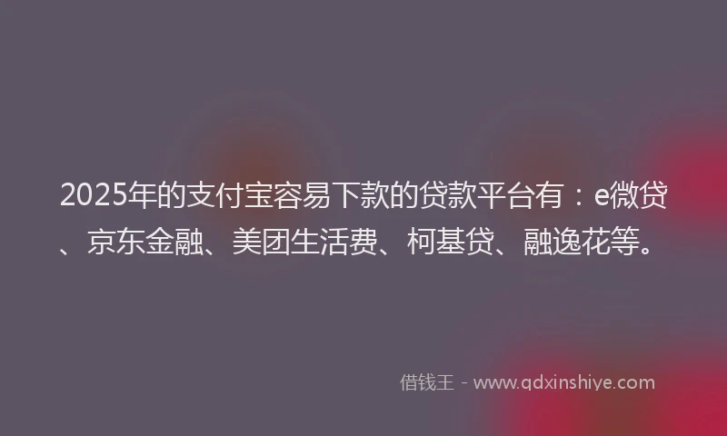 2025年的支付宝容易下款的贷款平台有：e微贷、京东金融、美团生活费、柯基贷、融逸花等。