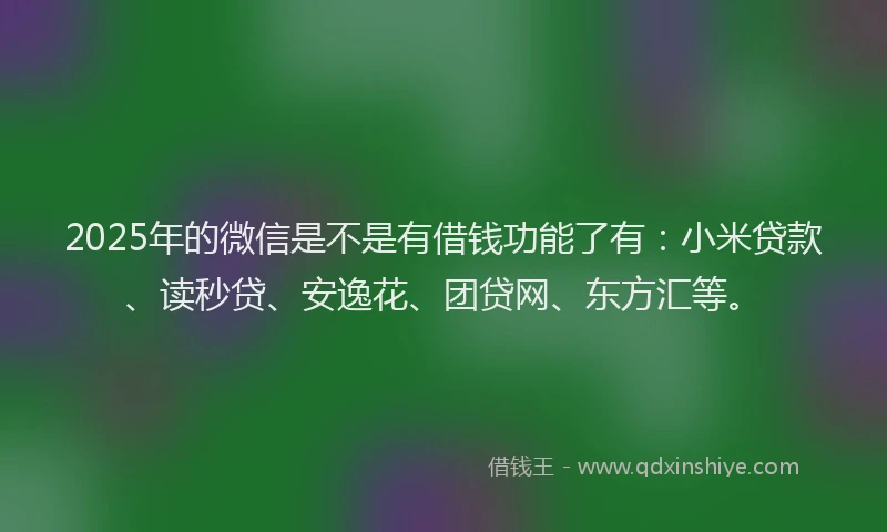 2025年的微信是不是有借钱功能了有：小米贷款、读秒贷、安逸花、团贷网、东方汇等。