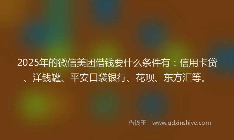 2025年的微信美团借钱要什么条件有：信用卡贷、洋钱罐、平安口袋银行、花呗、东方汇等。