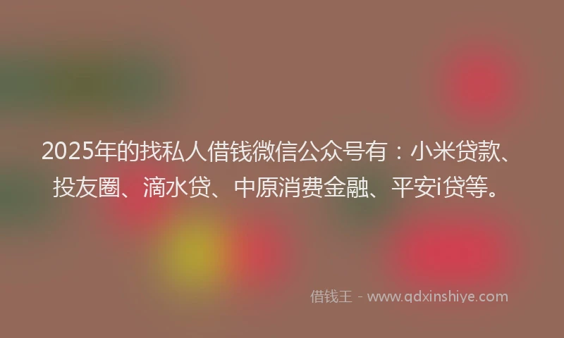 2025年的找私人借钱微信公众号有：小米贷款、投友圈、滴水贷、中原消费金融、平安i贷等。