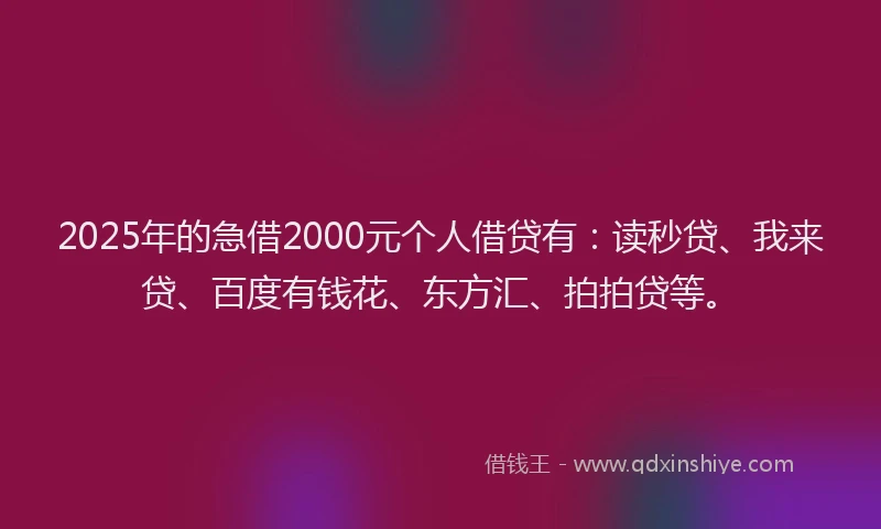 2025年的急借2000元个人借贷有：读秒贷、我来贷、百度有钱花、东方汇、拍拍贷等。