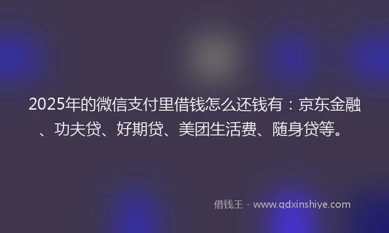 2025年的微信支付里借钱怎么还钱有：京东金融、功夫贷、好期贷、美团生活费、随身贷等。