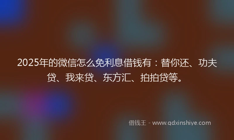 2025年的微信怎么免利息借钱有：替你还、功夫贷、我来贷、东方汇、拍拍贷等。