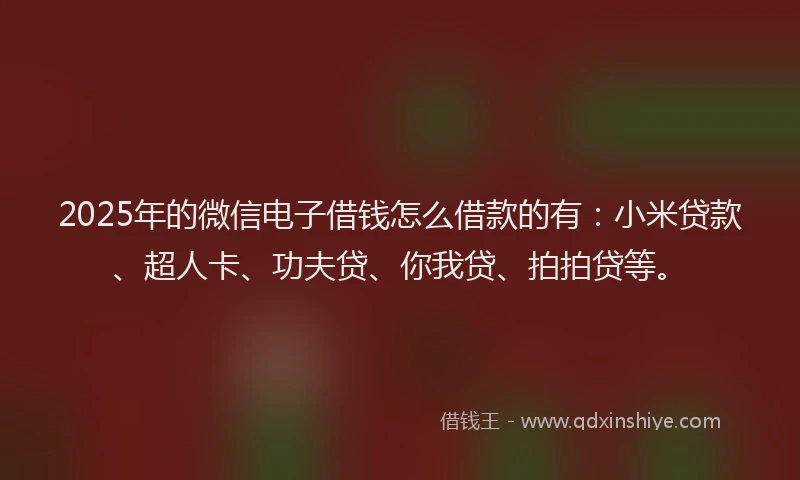 2025年的微信电子借钱怎么借款的有：小米贷款、超人卡、功夫贷、你我贷、拍拍贷等。