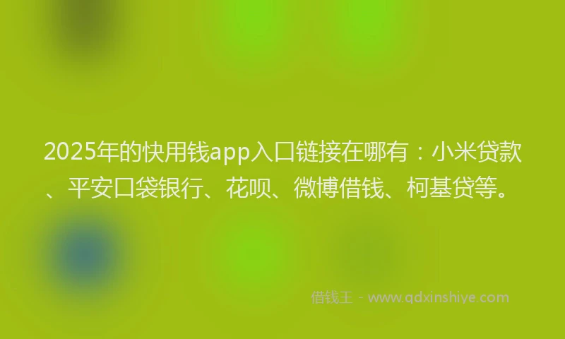 2025年的快用钱app入口链接在哪有：小米贷款、平安口袋银行、花呗、微博借钱、柯基贷等。