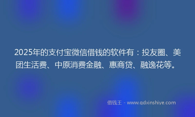2025年的支付宝微信借钱的软件有：投友圈、美团生活费、中原消费金融、惠商贷、融逸花等。