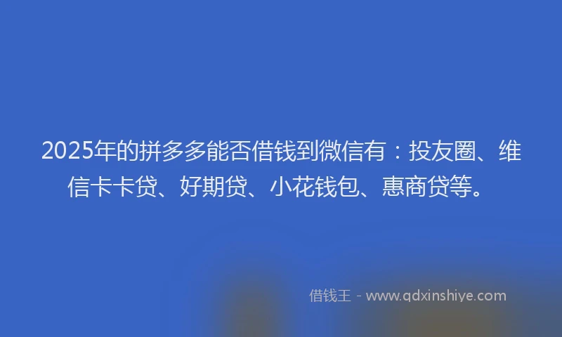 2025年的拼多多能否借钱到微信有：投友圈、维信卡卡贷、好期贷、小花钱包、惠商贷等。