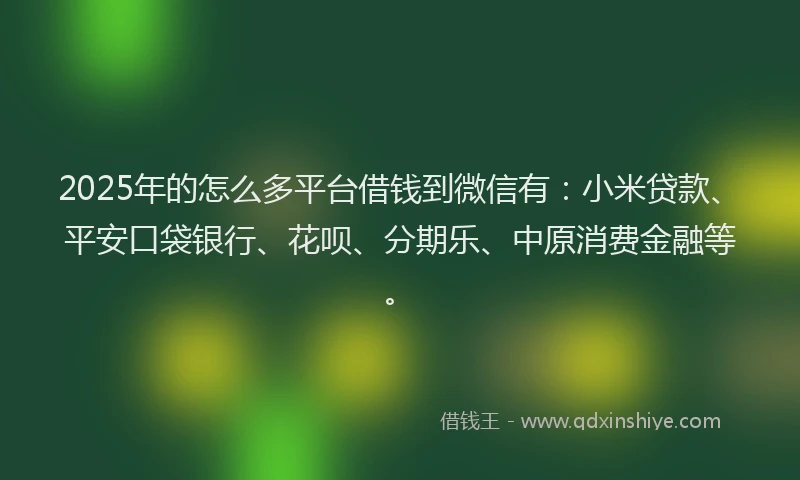 2025年的怎么多平台借钱到微信有：小米贷款、平安口袋银行、花呗、分期乐、中原消费金融等。