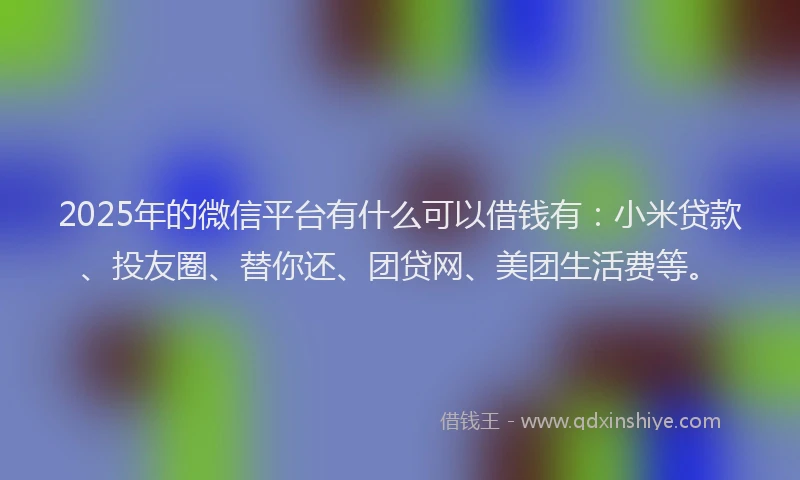 2025年的微信平台有什么可以借钱有：小米贷款、投友圈、替你还、团贷网、美团生活费等。