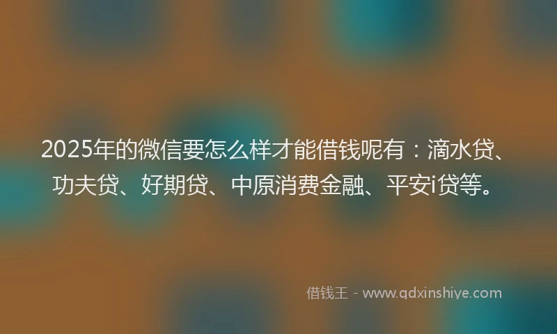 2025年的微信要怎么样才能借钱呢有：滴水贷、功夫贷、好期贷、中原消费金融、平安i贷等。