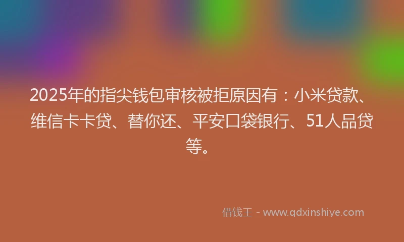2025年的指尖钱包审核被拒原因有：小米贷款、维信卡卡贷、替你还、平安口袋银行、51人品贷等。