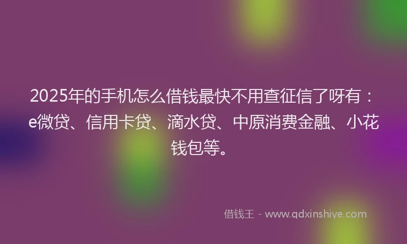 2025年的手机怎么借钱最快不用查征信了呀有：e微贷、信用卡贷、滴水贷、中原消费金融、小花钱包等。