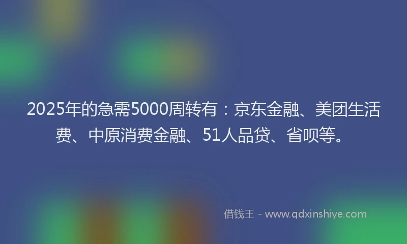 2025年的急需5000周转有：京东金融、美团生活费、中原消费金融、51人品贷、省呗等。