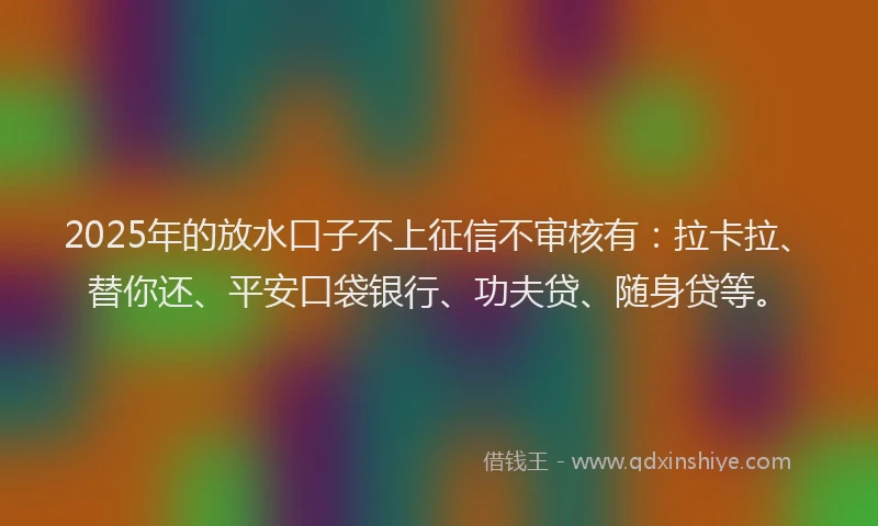 2025年的放水口子不上征信不审核有：拉卡拉、替你还、平安口袋银行、功夫贷、随身贷等。
