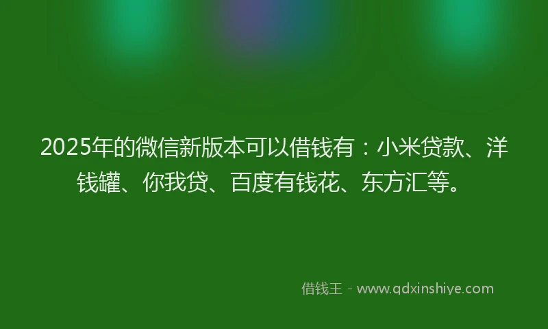 2025年的微信新版本可以借钱有：小米贷款、洋钱罐、你我贷、百度有钱花、东方汇等。
