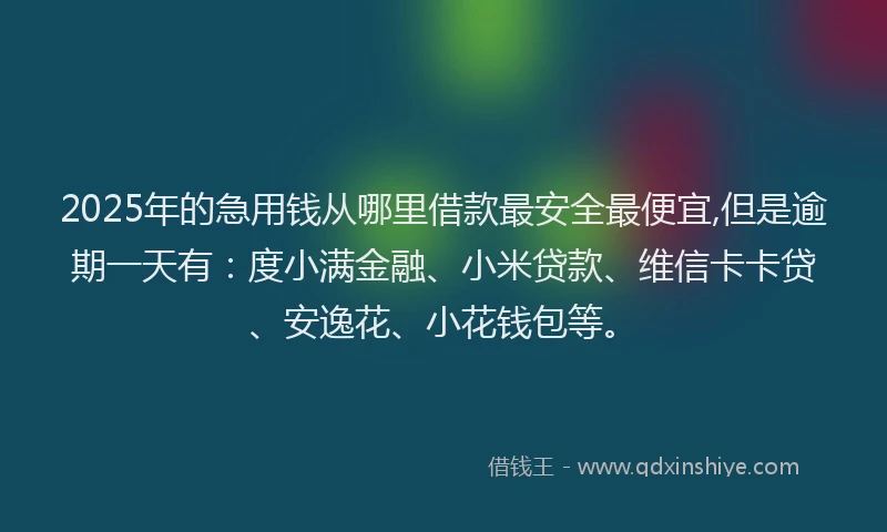2025年的急用钱从哪里借款最安全最便宜,但是逾期一天有：度小满金融、小米贷款、维信卡卡贷、安逸花、小花钱包等。