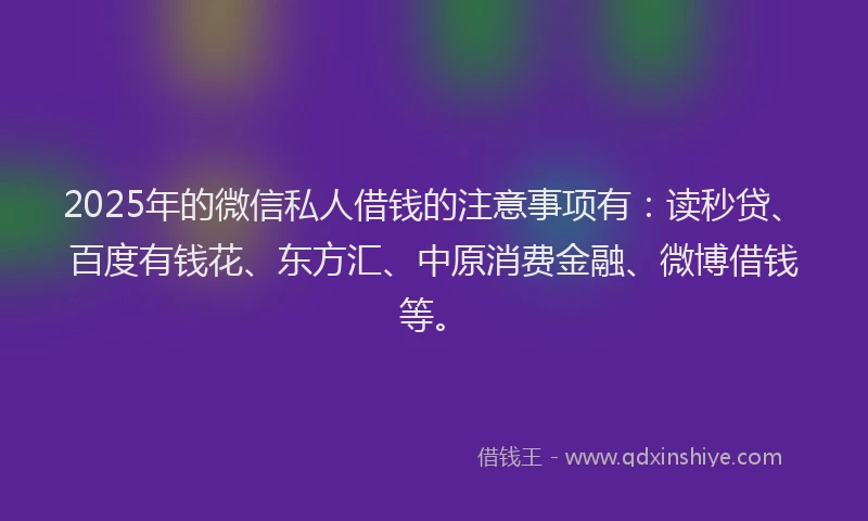 2025年的微信私人借钱的注意事项有：读秒贷、百度有钱花、东方汇、中原消费金融、微博借钱等。