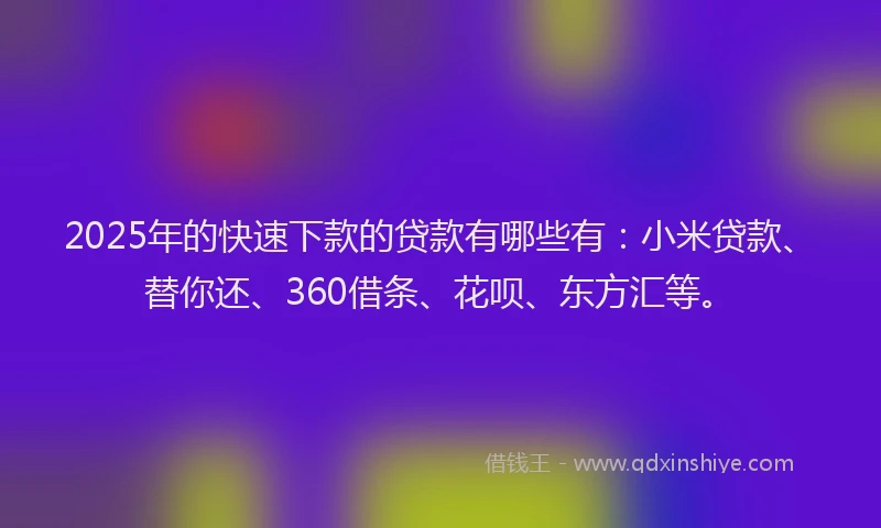 2025年的快速下款的贷款有哪些有：小米贷款、替你还、360借条、花呗、东方汇等。