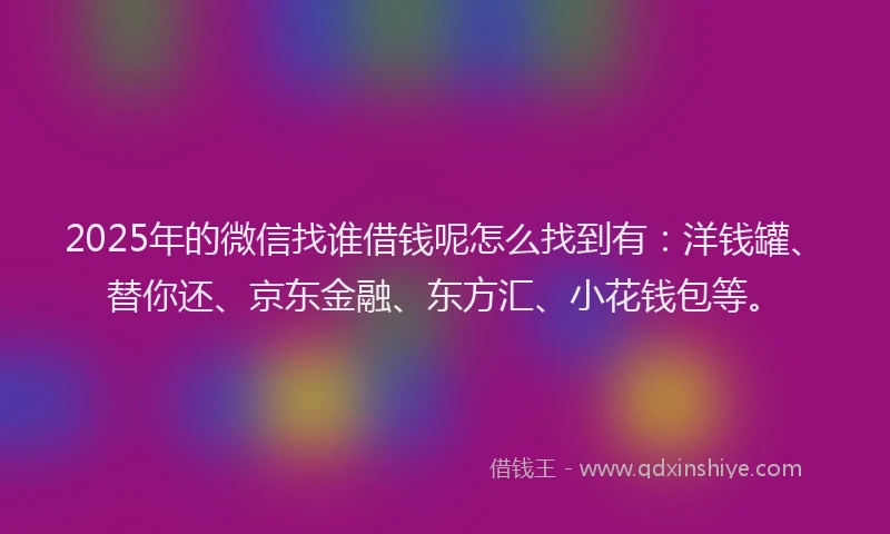 2025年的微信找谁借钱呢怎么找到有：洋钱罐、替你还、京东金融、东方汇、小花钱包等。