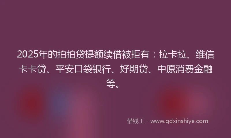 2025年的拍拍贷提额续借被拒有：拉卡拉、维信卡卡贷、平安口袋银行、好期贷、中原消费金融等。