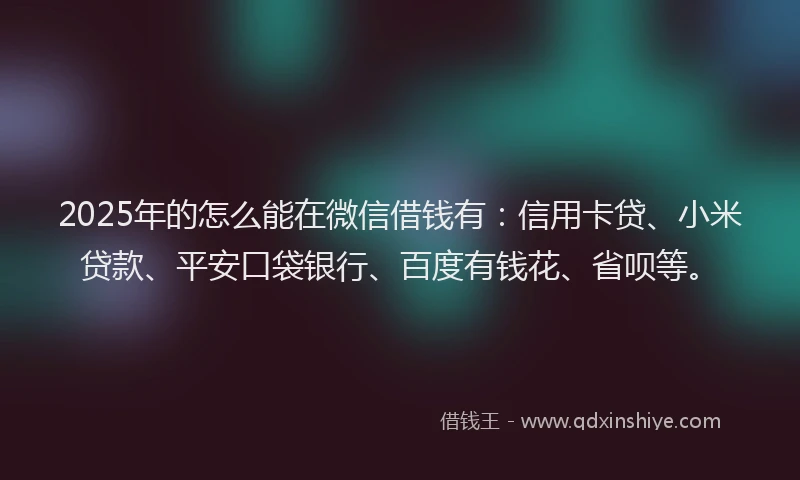 2025年的怎么能在微信借钱有：信用卡贷、小米贷款、平安口袋银行、百度有钱花、省呗等。
