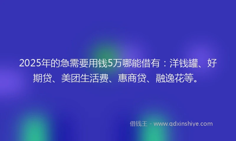 2025年的急需要用钱5万哪能借有：洋钱罐、好期贷、美团生活费、惠商贷、融逸花等。