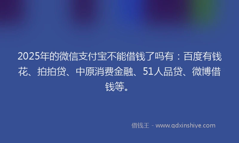 2025年的微信支付宝不能借钱了吗有：百度有钱花、拍拍贷、中原消费金融、51人品贷、微博借钱等。