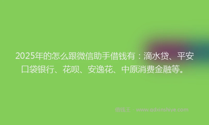 2025年的怎么跟微信助手借钱有：滴水贷、平安口袋银行、花呗、安逸花、中原消费金融等。