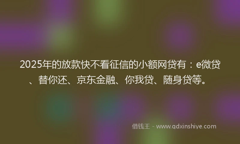 2025年的放款快不看征信的小额网贷有：e微贷、替你还、京东金融、你我贷、随身贷等。