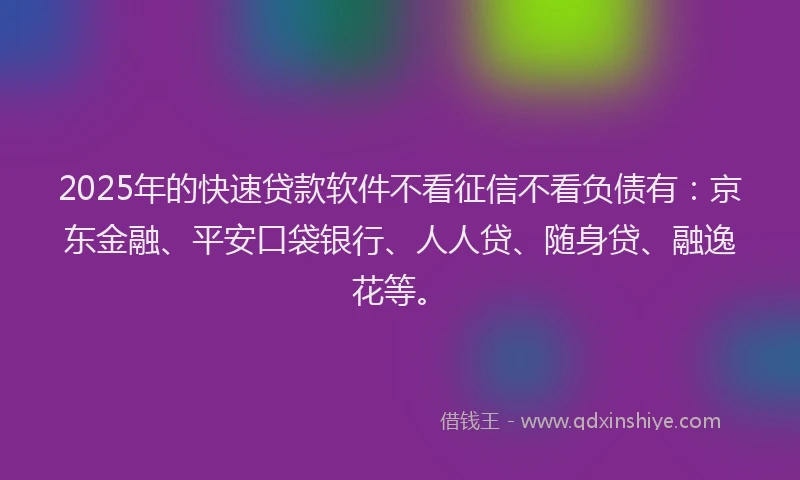 2025年的快速贷款软件不看征信不看负债有：京东金融、平安口袋银行、人人贷、随身贷、融逸花等。