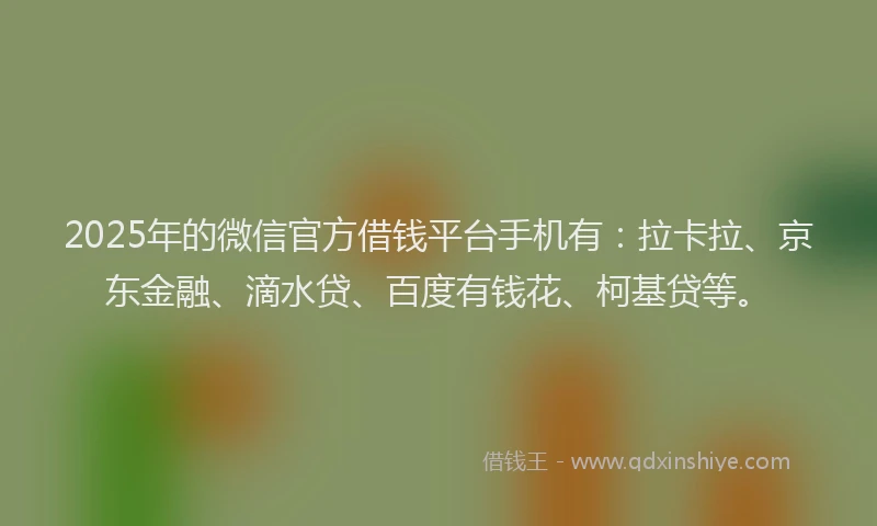 2025年的微信官方借钱平台手机有：拉卡拉、京东金融、滴水贷、百度有钱花、柯基贷等。