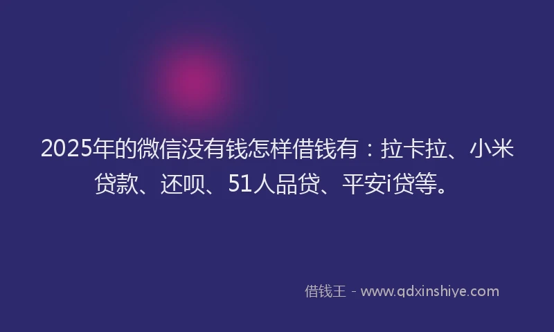 2025年的微信没有钱怎样借钱有：拉卡拉、小米贷款、还呗、51人品贷、平安i贷等。