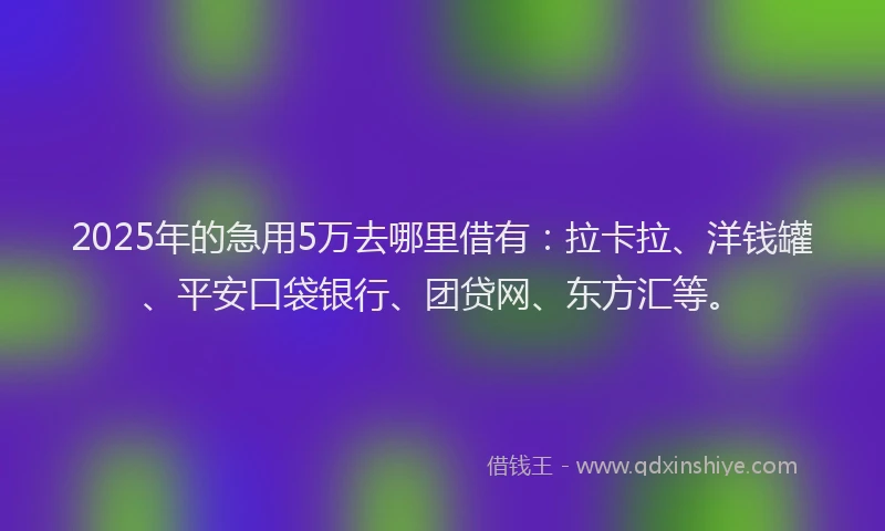 2025年的急用5万去哪里借有：拉卡拉、洋钱罐、平安口袋银行、团贷网、东方汇等。