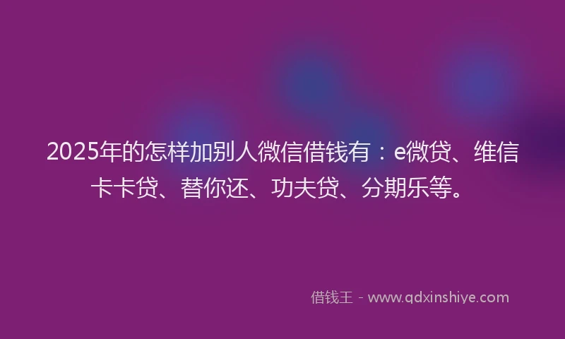 2025年的怎样加别人微信借钱有：e微贷、维信卡卡贷、替你还、功夫贷、分期乐等。