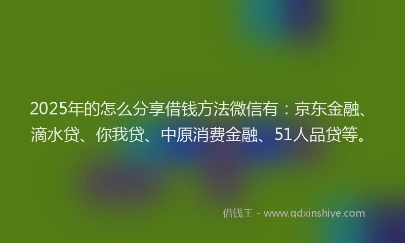 2025年的怎么分享借钱方法微信有：京东金融、滴水贷、你我贷、中原消费金融、51人品贷等。
