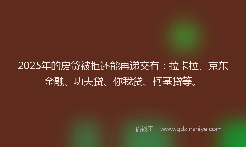 2025年的房贷被拒还能再递交有：拉卡拉、京东金融、功夫贷、你我贷、柯基贷等。