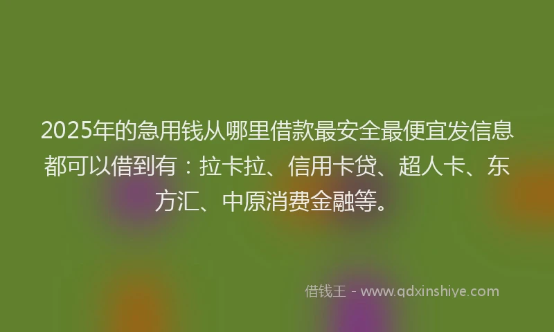 2025年的急用钱从哪里借款最安全最便宜发信息都可以借到有：拉卡拉、信用卡贷、超人卡、东方汇、中原消费金融等。