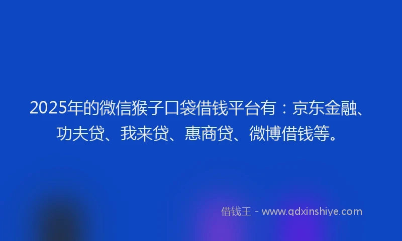 2025年的微信猴子口袋借钱平台有：京东金融、功夫贷、我来贷、惠商贷、微博借钱等。