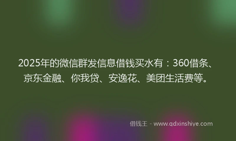 2025年的微信群发信息借钱买水有：360借条、京东金融、你我贷、安逸花、美团生活费等。
