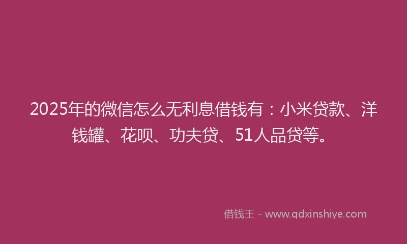 2025年的微信怎么无利息借钱有：小米贷款、洋钱罐、花呗、功夫贷、51人品贷等。